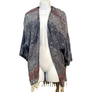 American Eagle Outfitter Women Kimono sz XS/S Blue White Floral Fringe Light